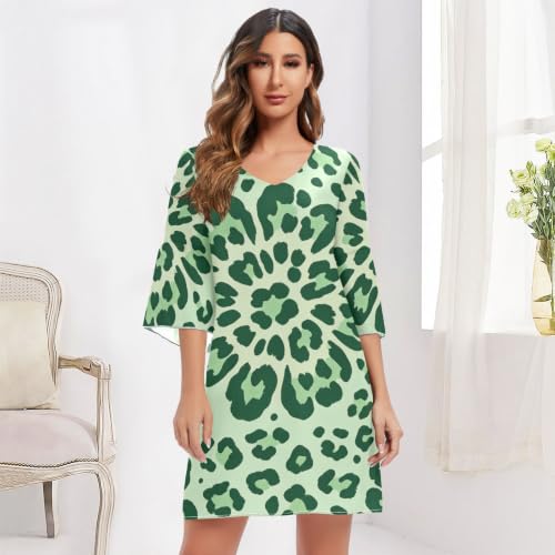 Vestido de gasa transpirable para evitar el calor con manga acampanada leopardo verde 6
