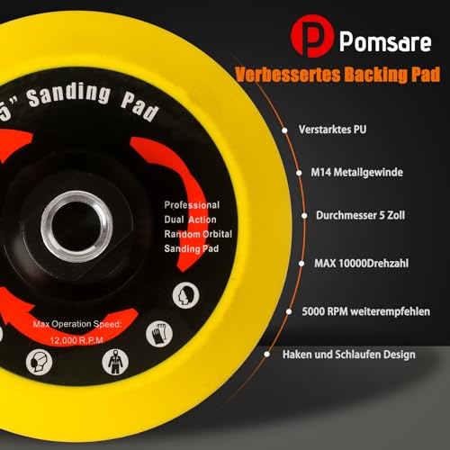 Pomsare Schleifscheiben-Set 125mm Klett für Winkelschleifer - 80 Stück Schleifpapier mit M14 Schleifteller und Schaft - Winkelschleifer Zubehör für Holz und Metall - Verbesserte Version