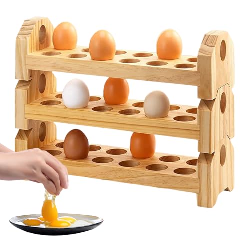 Organizador de huevos | Estantería de mostrador de 3 estantes para almacenamiento de huevos | Dispensador de madera rústico para cocina, hogar, restaurante granja