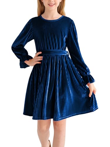 Naiyafly Mädchen Langarm Samt Kleid - Rundhals Midi Herbst Winter Vintage Festliches für Kinder Teenager - Weihnachtsparty Freizeitkleid