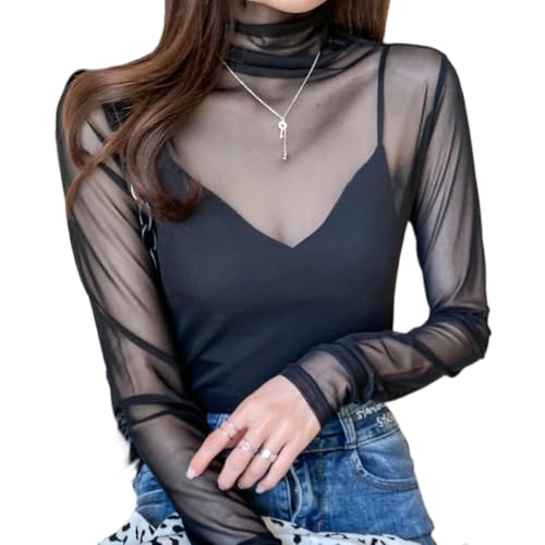 Image of Women Spring Autumn Sexy Lace Blouse See-Through Slim Long Sleeve T-Shirt Elegant Skinny Pullover Tops (Black,Medium)