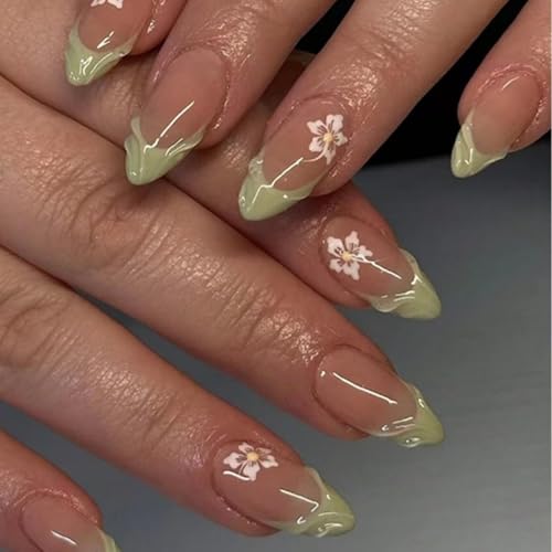 Image of Green Press on Nails Medium Almond Shaped Fake Nails with White Flower Design Nude Full Cover Stick on Nail 3D Wave Natural False Nail Artificial Acrylic Summer Glue on Nails for Women Manicure 24Pcs