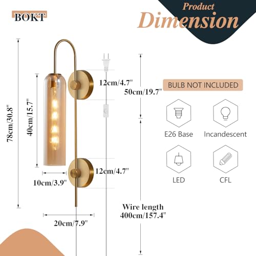 Image of BOKT Modern Wall Sconces 1-Light Wall Mounted Light Mid Century Modern Wall Decor Stylish Lighting Lamp Long Tube Glass Vanity Light Fixture (Amber, Plug in)