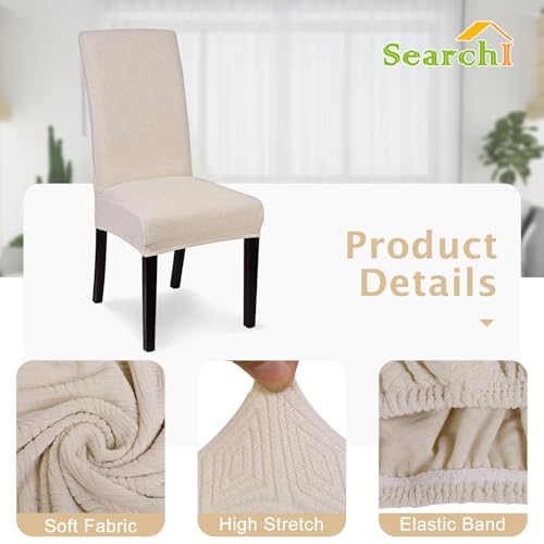 Image of SearchI Jacquard Dining Room Chair Covers Set of 4, Stretch Kitchen Chair Covers Washable Parsons Chair Slipcover Removable Dining Chair Protectors for Hotel,Ceremony(Beige)