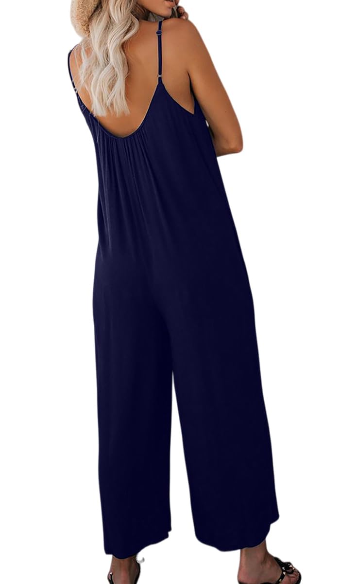 Combinaison Femme Été Sans Manches Casual Jumpsuit Chic et Élégant Bretelles Spaghetti longue femme Col V Combinaison à jambes larges poches Style bohème Sans manches