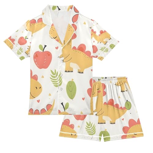 senya Cute Dinosaur Pink A Satin Summer Pajama Sets Silk Short Sleeve Button Down Sleepwear
