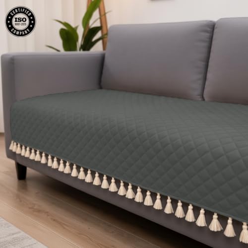 Image of HOMEMONDE 2 Seater Quilted Velvet Sofa Cover with Tassels |Soft, Durable & Premium Fabric with Tassels | Sofa Cover Mats for Living Room, Bedroom, Drawing Room & Office (76 X 122 CM, Grey)
