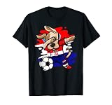 Croatian flag soccer fans jersey for proud football lovers of the Croatia soccer team. Funny design has a dog wearing a flag of Croatia sport jersey doing a hip hop dab dance and a soccer ball.