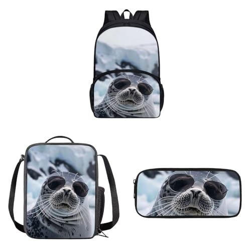 Agoviwo Cool Seal Graphic Backpack for School Girls Y2k Backpack Bookbag with Insulated Lunch Bag and Aesthetic Pencil Case2
