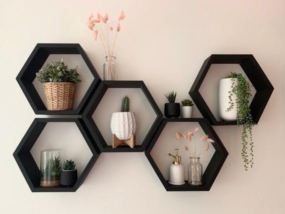 Black Wooden Wall Shelves Set of 5 Hexagon Display Shelf for Living Room and Office Decorative Floating Shelves for Plants Books and Home Decor-image-46