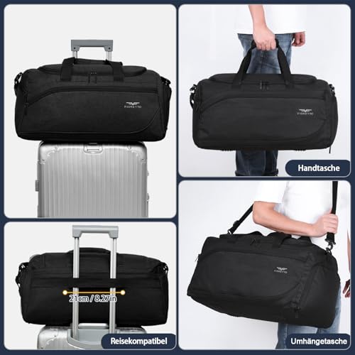 FIORETTO Sporttasche & Reisetasche für Damen und Herren, mit Schuhfach & Nassfach, Wasserdicht Tasche für Trainingstasche, Gym, Travel, Schwimmen, Sauna, fußball Schwarz 35L