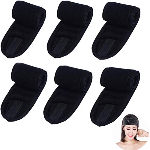 LIGONG 6PCS Spa Facial Headband Make Up Wrap Head Terry Cloth Headband Stretch Towel with Magic Tape for Makeup Bath and Sport, Black