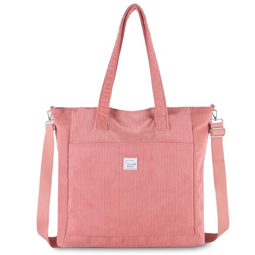 VASCHY Bolso Mujer, Bolso Bandolera de Pana Bolsos Universidad Grande Bolso Ordenador Portátil Bolsa Shopper con Cremallera Bolso Hombro para Viaje/Trabajo/Oficina/Escuela, Rosa