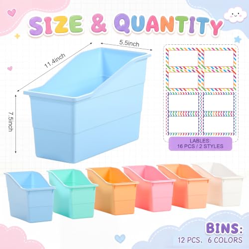 Blosssound 12 Set Book Bins for Classroom with Label Sticker Book Box Baskets Plastic Stackable Organizing Bins Storage & Organization for Classroom Library Home School Supplies (Cloud Pastel) - Image 2