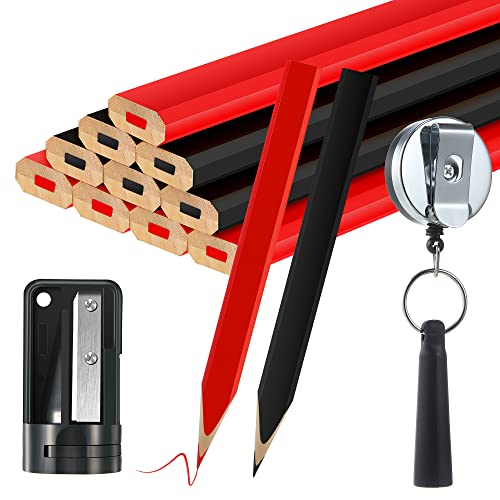 14 Pcs Carpenter Pencils, 7 Inches Flat Octagonal Hard Black Woodworking Construction Pencils Heavy Duty with Pencil Sharpener and Retractable Pull Pencil Holder for Contractor Carpentry (Black, Red)