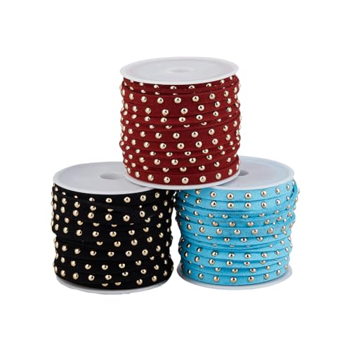 Hobbspring 3 rollos de cuerda de ante sintético de 5 mm, cordón plano de cuentas con remaches dorados tachonados, cordón de gamuza sintética para hacer joyas, borlas, decoración del hogar (turquesa