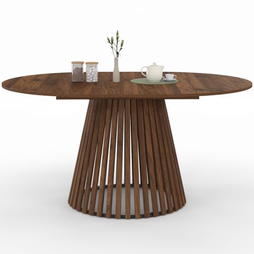 IDMarket – Mesa de comedor extensible redonda Carmen 110-150 cm, lamas de nogal