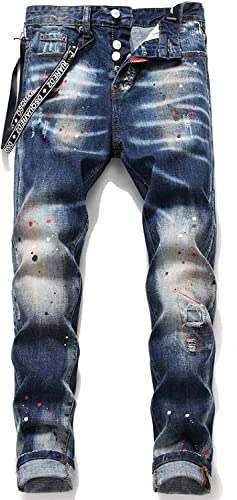 Men'S Slim Jeans Trend Splatter Simple Style Paint Printing Ribbon Decoration Ripped Holes Classic Button Closure Comfortable Denim Trousers (Color : INDIGO, One Size : 42W)