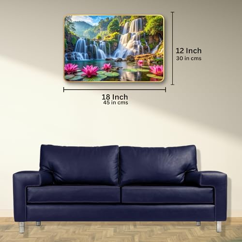 Image of Arkasto Lotus Waterfall MDF Wall Painting | Vastu Positive Wall Art for Living Room, Bedroom, Office & Home Decor | Nature Scenery with Waterfalls & Lotus Flowers (Style-04, 12x18 inch)