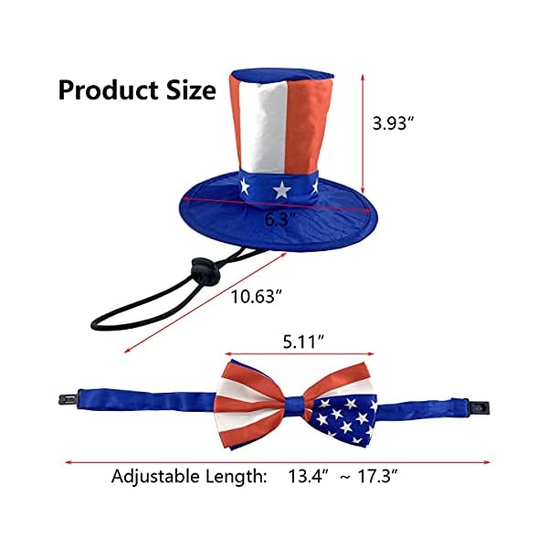 Vehomy pet dog independence day costume - uncle sam dog top hat and american flag dog bow tie collar 4th july pet hat and collar costume supplies for dogs cats puppy kitten (2pcs) - image 4