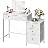 DSAFGGY Makeup Vanity Desk with Mirror and Lights, Makeup Vanity with 5 Fabric Drawers & 3 Lighting Modes, Adjustable Brightness Makeup Desk for Bedroom, 41 Inch, Ivory White