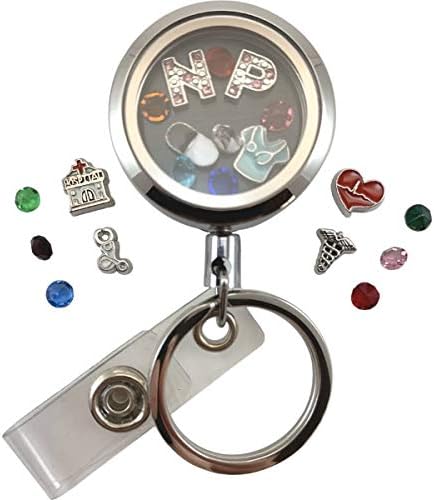 Custom One-Piece Floating Charm Stainless Steel Vessel with Sturdy Screw Top Lid and Key Ring Retractable Heavy Duty Belt Clip ID Badge Holder (FC BC NP)