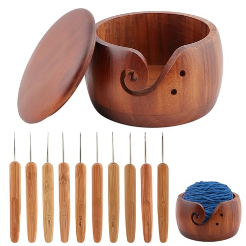 Image of Balana DIY Knitting Wool String Multifunctional Wooden Yarn Bowl Include 10 Crochet Hooks, Yarn Bowls with Lid for Knitting Crochet Yarn Ball Holder Handmade Yarn Storage Bowl, Dark browm, 22352197
