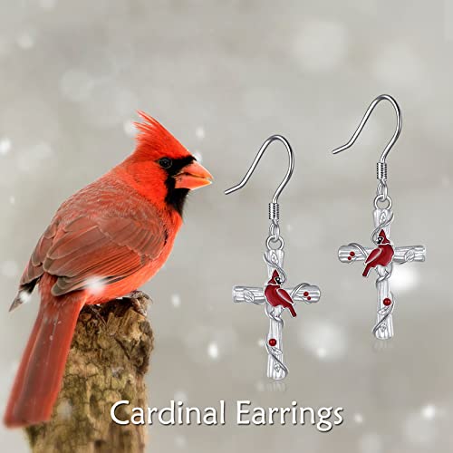 Popkimi Red Cardinal Earrings S925 Sterling Silver Cardinal Jewelry Red Bird Memorial Red Cardinal Tree Dangle Earrings Jewelry Dangle Drop Hook Earrings Gift For Women Girls (Red Cardinal) #TOP1