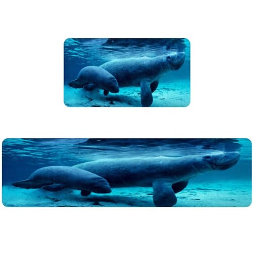 Alfombrillas de cocina de manatí azul antideslizantes juego de 2 alfombras lavables 2