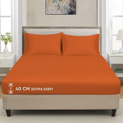 CHARKHAH Polycotton Fitted Sheet for Single Double King Super King Bed High Thread Count Anti Wrinkle Plain Bedding 40 cm Extra Deep Fitted Sheets Cover with Elastic Edges (Orange, Single) Cover