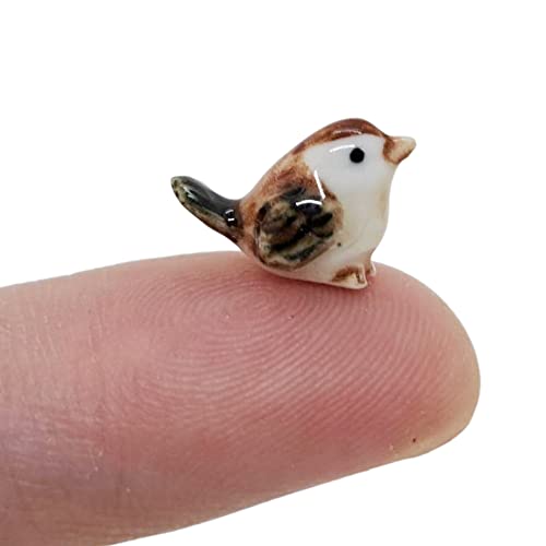 WitnyStore Tiny ½ Inch Brown Sitting Eurasian Sparrow Bird Figurine - Miniature Hand Made Painted Ceramic Birds Aves Colorful Porcelain Feathered Animals Cute Decorative Collectible Figure Décor Gifts