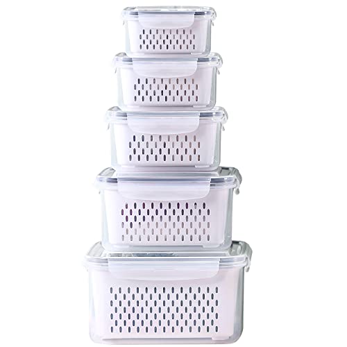 Ronanemon Juego de recipientes grandes de almacenamiento de alimentos para nevera con tapas con colador, recipientes de almacenamiento de frutas y verduras que mantienen frutas, verduras, bayas, carne
