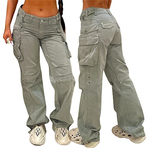 Kmbangi Women Baggy Cargo Pants Low Waist Wide Leg Sweatpants Casual Drawstring Loose Pocket Joggers Trousers Hippie Streetwear(Pocket Gray,S) #TOP4