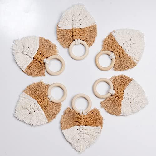 BEWOLKEN Boho Napkin Rings Set of 6, You Will Need to Comb These Handmade, Macrame & Rustic Napkin Rings for Boho (Ivory and Beige)