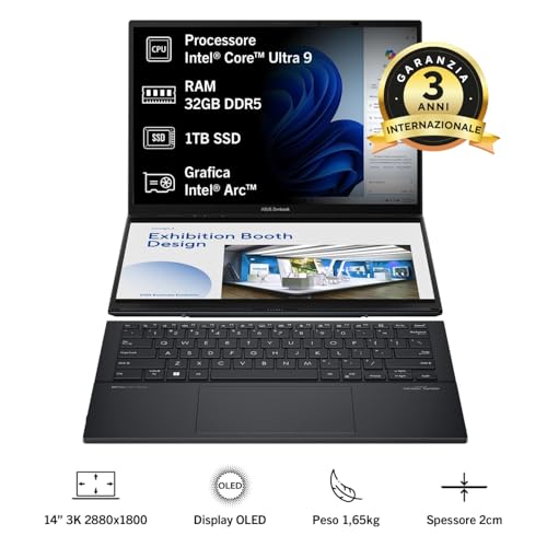 Asus Zenbook Duo UX8406CA#B0DPG2GRZK, Notebook con doppio Monitor 14" 3K OLED Glossy touchscreen, 120Hz, Intel Core Ultra 9, RAM 32GB, 1TB SSD, Intel Arc Graphics, Win 11 Home, Grigio - Notebook - Immagine 1