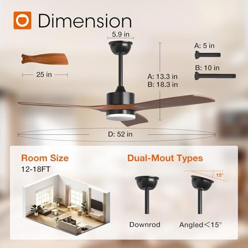 Image of addlon 52 Inch Solid Wood Ceiling Fans with Lights and Remote Control | 3CCT dimmable light, quiet reversible DC motor, 6 speeds, memory, timer; bedrooms, living rooms, covered patios and gazebos