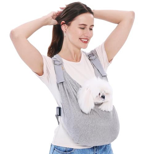 Supet Dog Carrier Sling for Small Dogs, Anti-Anxiety Cat Sling Carrier Chest, Hands-Free Front Facing Puppy Sling, Adjustable Soft Cotton Swaddle Wrap, Reducing Back Neck Pain(Regular, Grey)