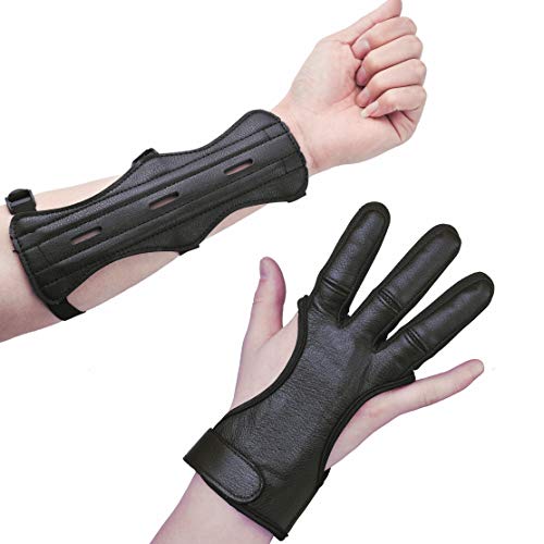 XGeek Archery Arm Guard and Archery Glove Three Finger Protector kit-Arm Guard with 3-Strap Buckles, Archery Glove Leather Material Non-Slip Padded Guard Improve Grip Stability for Hunting & Target