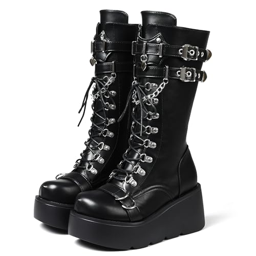 Women's Black Platform Boots Wedge Combat Gothic Chunky Heel Lace Up Mid Calf Punk Motorcycle Shoes2