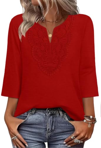 Image of WIHOLL 3 /4 Length Sleeve Womens Tops Boho V Neck Lace Shirt Trendy Blouses Dressy Casual Vacation Clothes S-3XL