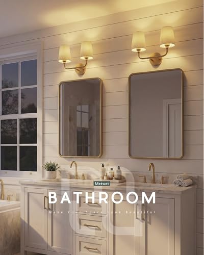Image of 2-Light Bathroom Light Fixtures, Brushed Gold Vanity Lights, Double Wall Sconce with Brown Fabric Shade, Modern Sconces Wall Lighting for Hallway Bedroom Stairway, VL837-BG-L-2