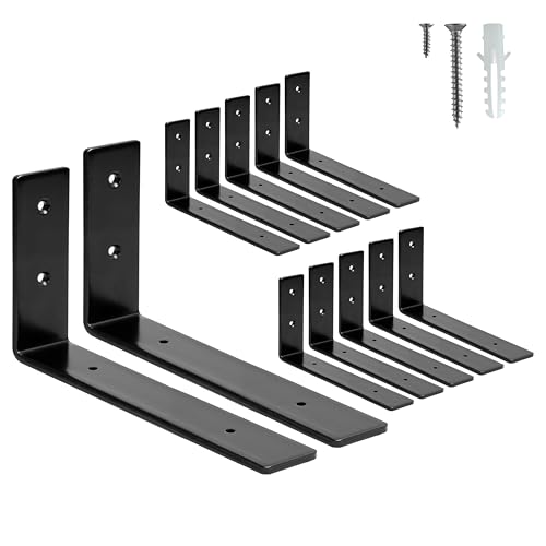 HEART ART 12 Pack Shelf Brackets 8 inch,L Brackets for Shelves,Black Heavy Duty Metal Shelf Brackets,8”x4”x1.4”