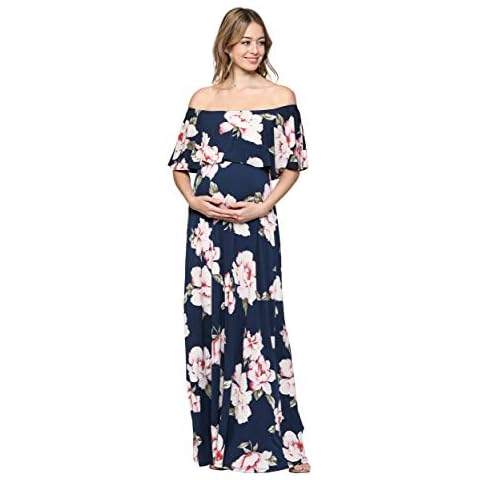 HELLO MIZ Women's Ruffle Off The Shoulder Maxi Maternity Dress - Made in USA - Blue - X-Large Cover