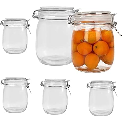 TIYOORTA 6 Pack 25 oz Pint, 750 ml Clear Glass Jars With Airtight Lids and Leak Proof Rubber Gasket, Hinged lids. Wide Mouth Storage Containers Preserving Jars, Mason Jars, Kitchen Storage Canisters Cover