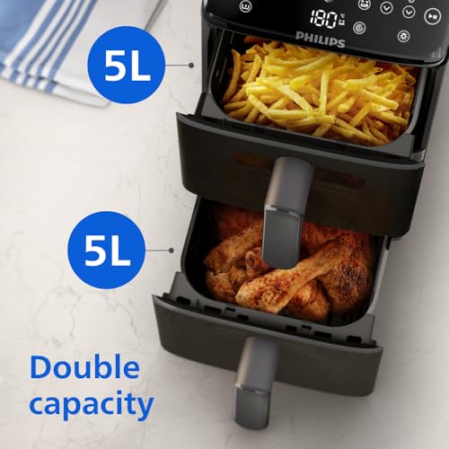 Philips 4000 Series Stacked Dual Basket Airfryer 10L – RapidAir Technology, Sync Finish, 2 Meals at Once, 45% Less Countertop Space, PFAS-Free Ceramic Coating, Easy View Windows (NA460/09)