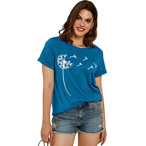 Cicy Bell Women's Dandelion Print T Shirts Cute Graphic Tees Short Sleeve Summer Cotton Tee Tops Sea Blue #TOP2