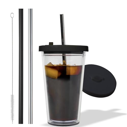 Kensal Home Reusable Iced Coffee Cup (16 Oz/Grande), Leak Proof and Double Wall Insulated Iced Coffee Tumbler, Come with Reusable Plastic and Metal Straws and Straw Cleaner - Black