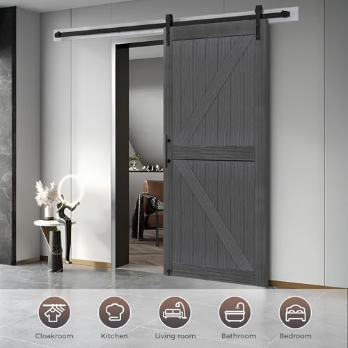 S&Z tophand 28 inx84 in Deep Gray British Brace Knotty Barn Door with 5FT Sliding Hardware Kit/Double -Sided Handle/Solid Wood/Sliding Door/Double Surfaces/Simple Assembly is Required