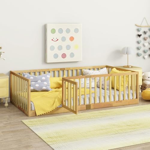 Tatub Twin Floor Bed with High Rails and Convertible Door, Solid Wood Cama Montessori Bed with Slats for Kids, Boys and Girls