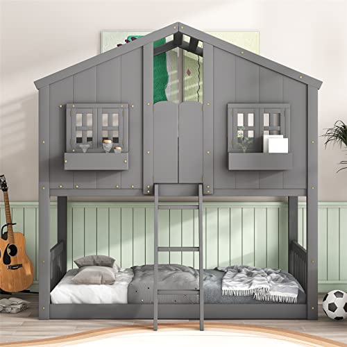 JINS&VICO Twin Over Twin House Bunk Bed with Roof/Window/Window Box/Door Designs, Wooden Floor Bunk Bed Frame with Safety Guardrails and Ladder for Boys Girls Boys Girls, Gray